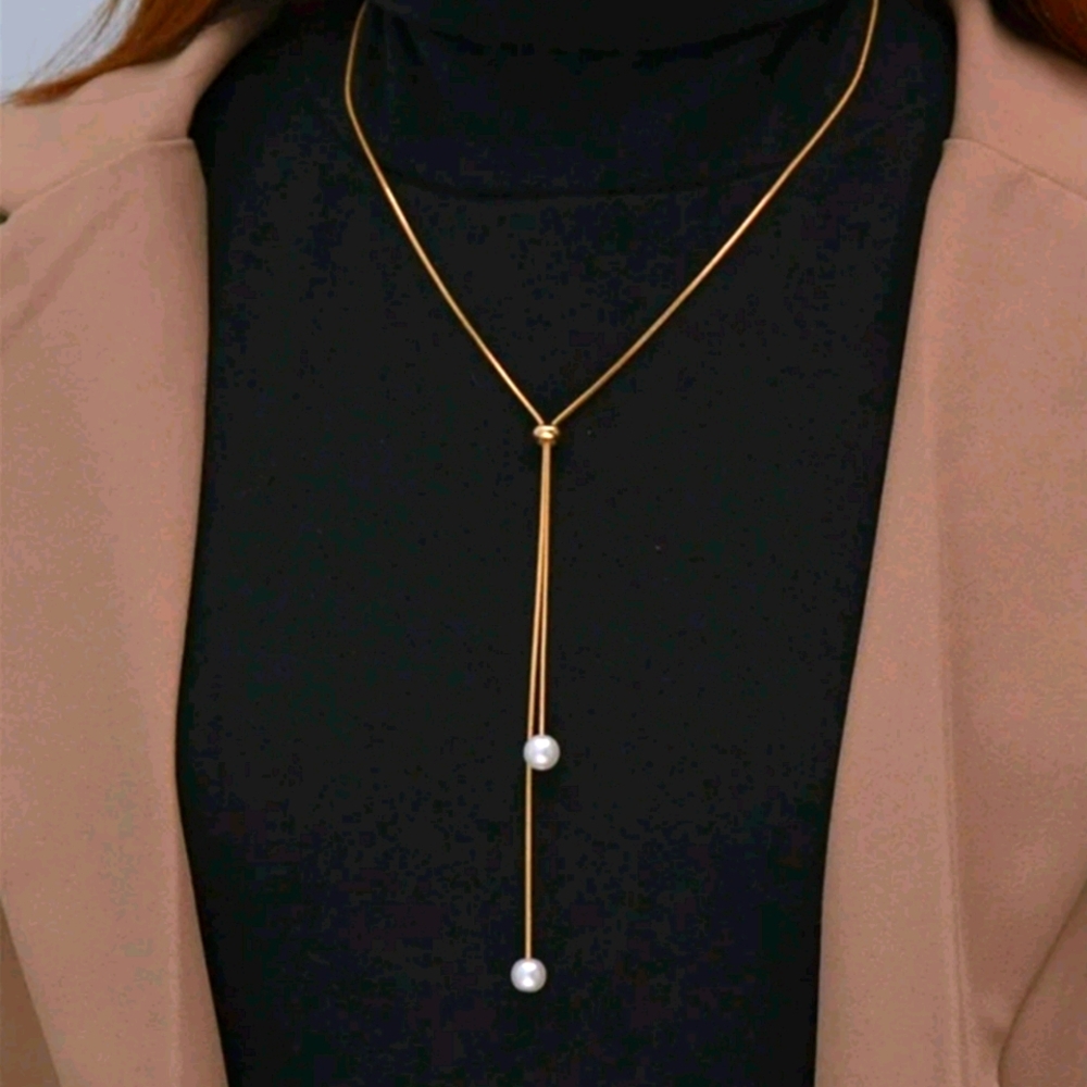 Faux Pearl Lariat Necklace